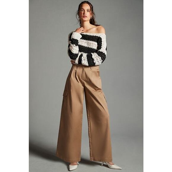 Anthropologie x Du Paradis Pleated Wide-Leg Cargo Pants Beige Size Small New - Picture 1 of 11